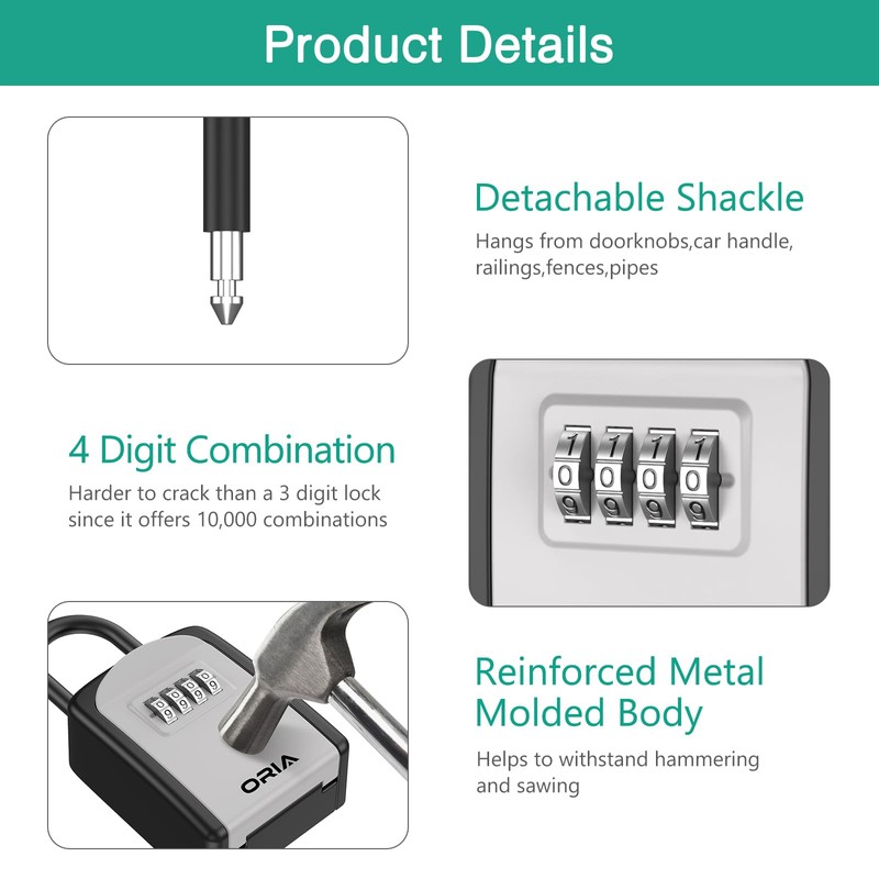ORIA Key Lock Box, 4 Digit Combination Key Storage Boxes,