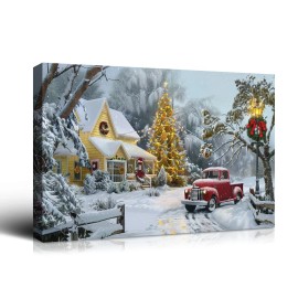 Christmas Gift Winter Wall Decor Snowy Wagon with Pine Branches & Ornaments, Great for Festive Cheer & Home Christmas DecorColor: multi color, Size: 36*24 inch