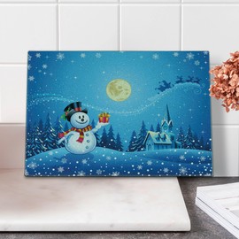 Ambesonne Christmas Cutting Board, Snowman Gets the Gift from Santa Claus in Winter Night Moonlight Illustration, Decorative Tempered Glass Cutting and Serving Board, Small Size, Yellow Blue