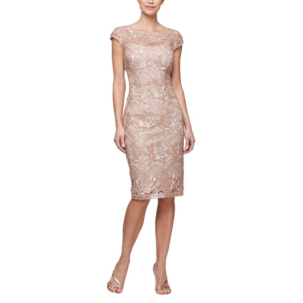 Alex Evenings Women's Short Knee Length Floral Embroidered Cocktail Sheath Dress, Rose Gold, 12