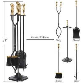 AMAGABELI GARDEN & HOME Fireplace Tools Set 5 Pieces Log Gold Handle Wrought Iron Fire Set with Stand Holder Fireset Fire Pit Indoor Outdoor Tongs Shovel Brush Poker Wood Stove Hearth Accessories