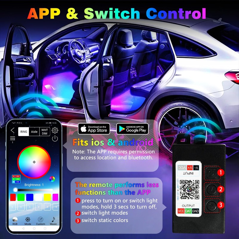 GZ5CG Car Footwell Lights 72 SMD Interior Ambient Lights Multicolor