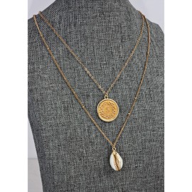 American Coin Treasures Double Chain Necklace Edelweiss Coin Pendant with Cowrie Shell | Saturn Style 18 and 16 Inch Goldtone Chain | Certificate of Authenticity