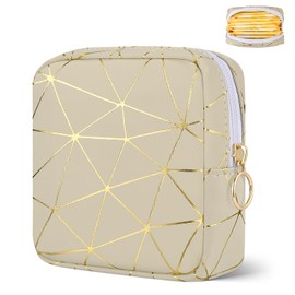 Likesing Period Bag Pouch, Leather Sanitary Napkin Storage Bag for Girls Womens, Portable Sanitary Napkin Period Pad Pouch Bag for Purse, Small Make Up Bags(Beige Gold)