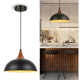 UShe DHome Farmhouse Pendant Light Fixtures, 11.4" Black Pendant Light Island Dome Hanging Light Solid Wood Pendant Lighting for Kitchen Dining Room Bedroom Barn