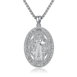 POPLYKE Saint Benedict Necklace 925 Sterling Silver St Benedict Medals for Women Medalla de San Benito Jewellery for Men Christian Jewelry 20"+2" Chain