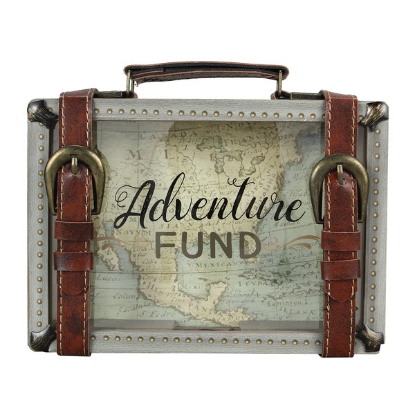 Young's 8.5" x 2" x 6" Buckle Wooden Travel Savings Adventure Fund Suitcase Bank, Multi Color