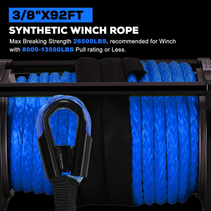 Synthetic Winch Rope Kit, 3/8" x 92ft 26500LBS Blue Winch