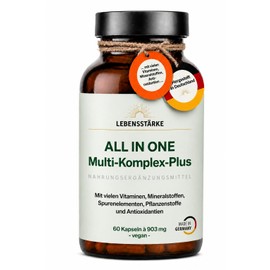 Multivitamin Complex Plus All-in-One, the unique quality blend of the German brand LEBENSSTÄRKE. High-quality multivitamin complex with many vitamins, minerals and plant substances