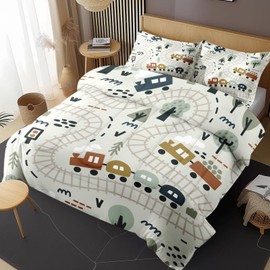 Zzzboro Comforter Set with 2 Pillowcases Full Size, Cute Forest Car Train City Map, Bedding Decor Funny Nursery Cartoon World for Kids and Adults, Soft Cozy Bedroom Bed Set