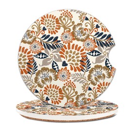 COYEUX Absorbent Car Cup Holder Coaster 2 Pack, Funny Car Accessories Interior, 2.56" Cute Car Coasters with a Finger Notch for Women & Men Brown Paisley Flower