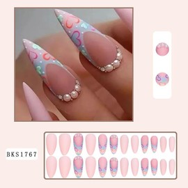 French Tip Press on Nails with Heart 24Pcs Full Cover Glossy Medium Acrylic Heart False Nails with Pearl Designs Reusable Artificial Women Fake Nails Sets with Glue for Valentine's Day