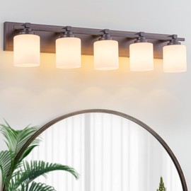 BrkNit 5 Light Modern Bathroom Light Fixtures Over Mirror, Bronze Finish Vanity Lights for Bathroom Wall Sconces with Milky White Glass Shades, E26 Socket (Bulbs Not Included)