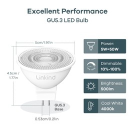 Linkind Dimmable MR16 LED Bulbs, 50W Equivalent GU5.3 Bi-Pin Base MR16 Bulbs, 12V Low Voltage 5W 4000K Cool White 500lm 40° Beam Angle for Spotlights, Recessed, Tracking, Landscape Lighting, 6 Packs
