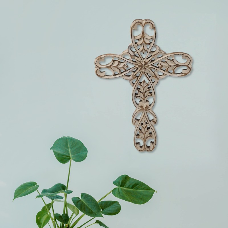 Craft&Style Kruzifix Christus Kreuz Eichenblatt schlichtes Holz vintage weiß HxB:
