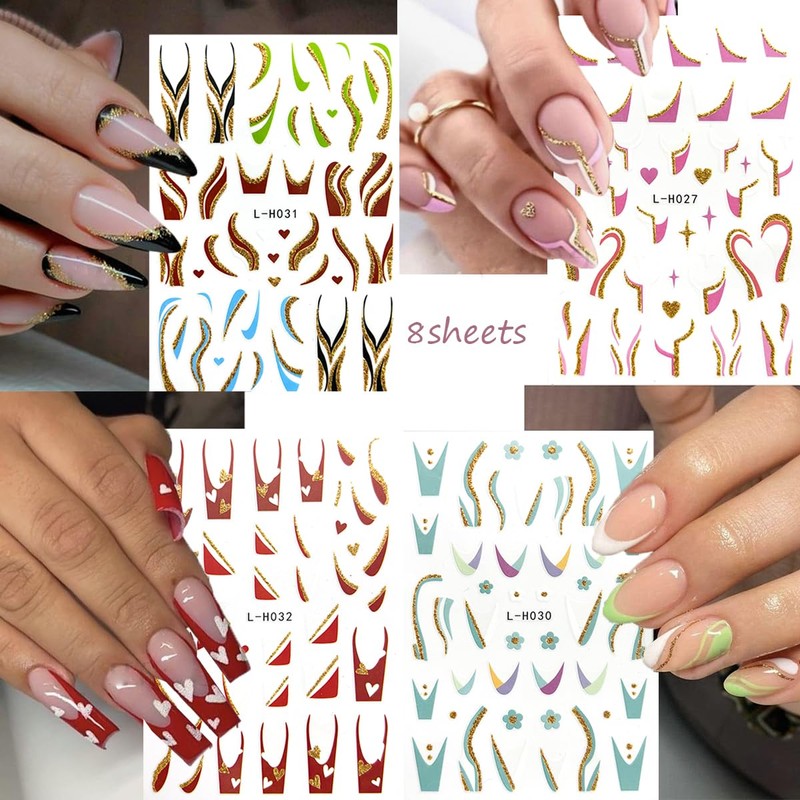 8 Sheets Shiny Line Nail Stickers for Nail Art, French