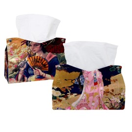 2 Pack Tissue Box Cover Holder, Japanese Geisha Girl Rectangle Leather Tissue Case, Decorative Organizer for Tabletop, Bathroom, Car, Office