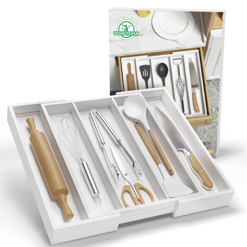 WUSHIZHUHUN Utensil Organizer for Kitchen Drawers - Bamboo Silverware Tray