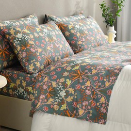 Farying 100% Egyptian Cotton Floral Printed Bed Sheets Queen Size,Luxury Silky Feel Texture Paisley Botanical Pattern Sheets Vintage Vivid Greenish Blue Flower Bedding Sheets 17.5" Deep Pockets 4PCs