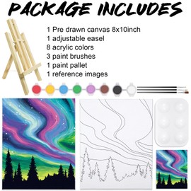 Nuberlic Pre Drawn Canvas Scenery Paint Kit for Adult & Teen Sip and Paint Party Favor DIY Date Night Couple Activities (8X10 Framed Canvas, EASLE, 3 Paint Brushes, 8 Paint Acrylic Colors)