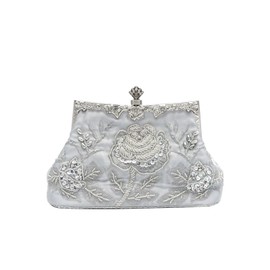 CORIOS Vintage 1920s Evening Bag Floral Clutch Bag Women's Handmade Pearl Handbag Elegant Shoulder Bag Chain Shoulder Bag Small Bag Wedding Banquet Party Prom Bag Silver