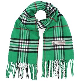 Soft Plaid Check Winter Scarf Warm Oblong 12”x72” Fringe Unisex (One Size, Green)
