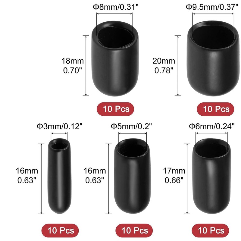 MACHSWON 50pcs Rubber End Caps 5 Sizes (3mm, 5mm, 6mm,