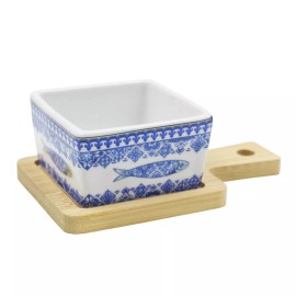 Portug'art Souvenirs Portuguese Azulejo Style Sauce & Snack Dish with Wooden Serving Tray, Sardine