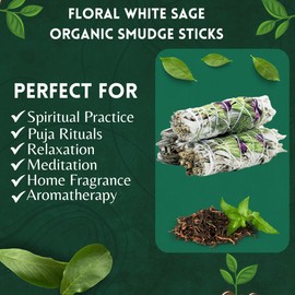Ancient Veda Floral 3 Pack White Sage Organic Smudge Sticks with Flowers for Cleansing Home, Meditation, Yoga, Healing and Smudging | Sustainably Sourced California White Sage Bundles | Good Life