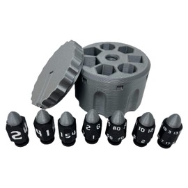 Munnygrubbers - Plastic Bullet Dice 7 Pc D20 Set with Spinning Revolver Cylinder - Fidget Spinner - Cyberpunk Style Dice for Warhammer, DND, Sci-Fi, War, or Crime Theme Tabletop Games - (Silver)