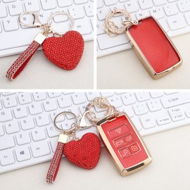 Vicoca for Range Rover key fob cover with Diamond Heart Keychain, Car Accessories TPU for Jaguar XE XJ XF for Sport, Velar, Evoque, Defender, Discovery, Gold Red