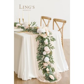 Ling's Moment Eucalyptus Garland with Flowers 6FT，Table Runner with Flowers Handcrafted Wedding Centerpieces for Rehearsal Dinner Bridal Shower | White Nude