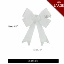 AKH® 6.5" x 6" Sparkling Christmas Glitter Tinsel Bows | Pack of 2 Xmas Bows | Tinsel Effect Christmas Bow Luxury Hanging Indoor Outdoor Christmas Tree Decoration Bows | Twist Tie On (White)