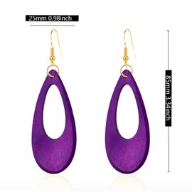 KVANU Bohemian Retro Black Brown Natural Wooden African Teardrop Dangle Drop Earrings Lightweight Handmade Long Big Vintage Wood Geometric Earrings for Women (Style-1-Purple)