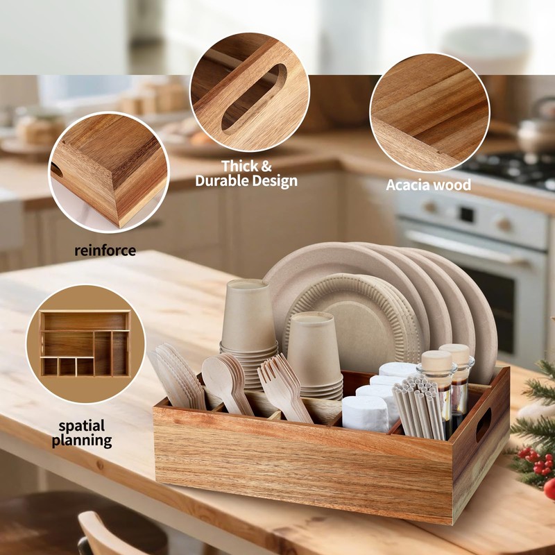 BOTOP Acacia Wood Utensil Holder for Party, Paper Plate Organizer