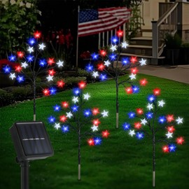 Lewondr 4th of July Decorations Solar Garden Lights, Outdoor Red Blue White Star Solar Lights, Waterproof Patriotic Decor with 20 LED 2 Lighting Modes for Independence Day Memorial Day, 4 Pack