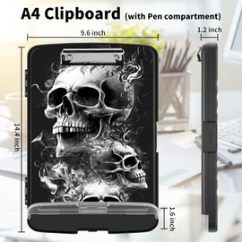 BEOTIWAD Clipboard with Storage High Capacity Plastic Nursing Clipboards with Pen Holder File Folder Storage Box Clipboard with Heavy Duty Clips for Teacher,Doctor,Offices-Skull