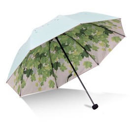 Green Tree Leaf Folding Travel Sun Umbrella Sunblock UV Protection UPF 50+ Rain Resistant Compact Size Parasol Fold into Purse (Green)