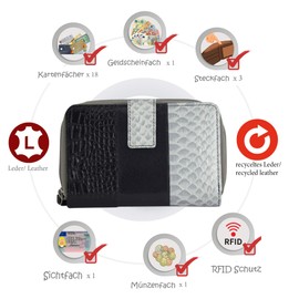 Sunsa Medium Large Leather Wallet for Women - Wallet with Many Compartments / 18 Card Slots - Wallet with RFID Protection Blocker, Black / silver, Classic