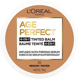L'Oreal Paris Age Perfect - Base de bálsamo facial tintado 4 en 1 con suero reafirmante, mediano 10, 0.61 onzas