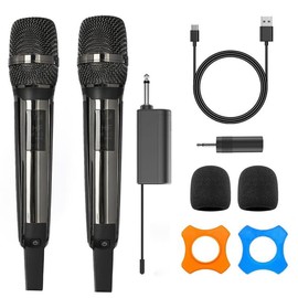 HUACAM Wireless Microphones, UHF Metal Black Rechargeable Wireless Microphone,with 6.35mm(1/4") and 3.5mm(1/8") Receiver for Karaoke，Singing,Speeches,Churches,Meetings, Weddings (Black)