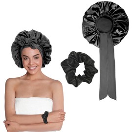 ELNX 1 Stück Seidenhaube zum Schlafen, verstellbare Satinhaube, Seidenhaube für lockiges Haar, Schlafhaube mit Bindeband, Seidenhaarwickel zum Schlafen (Schwarz, Haarhaube + Haargummis)