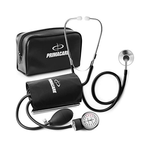 Primacare DS-9195 Professional Adult Size Classic Series Blood Pressure Kit with D-Ring Cuff, Nylon BP Kit, Aneroid Sphygmomanometer with Stethoscope, Black