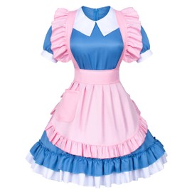 Adjustable Retro Ruffle Maid Costume Apron Pockets With French headdress Socks set(Style1 Pink)