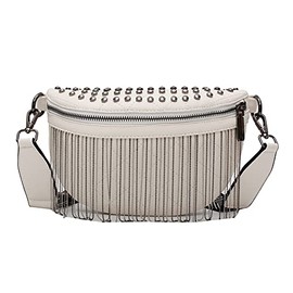 Mily Women Girls Glitter Rhinestone Tassel Crossbody Shoulder Bag Leather Fanny Pack Rivet Chest Fashion Waist, 5942+White (bb-05942-02S)
