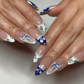 24Pcs Almond Press on Nails Medium Fake Nails White Blue French Tip False Nails Cute Bow Stick on Nails with Designs Glue on Nails Spring Summer Acrylic Nails Reusable Nails for Women Girls