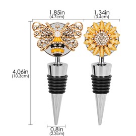Biiange 1 Set Decorative Wine Stoppers, Diamond Studded Wine Stopper, with Animal and Plant Motifs, Reusable Beverage Bottle Stoppers for Bar, Party, Kitchen Decor (Bee, Sunflower)
