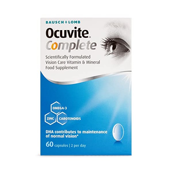 Ocuvite Complete, Eye Supplement Capsules, by Bausch + Lomb, Lutein and Zeaxanthin supplement with DHA Omega 3 plus Zinc, Supports Normal Vision, Two Capsules per Day