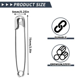 Large Safety Pins, 75 mm, 60 Pcs Heavy Duty for Clothing, Jewelry Making, Sewing, DIY Crafts (Silver)