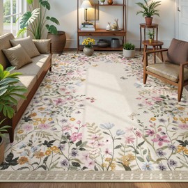 Lahome Boho Floral Beige Washable 8x10 Area Rugs for Living Room, Non Slip Rugs for Bedroom, Indoor Throw Dining Room Carpet for Under Table Home Office Playroom(Beige,8x10)